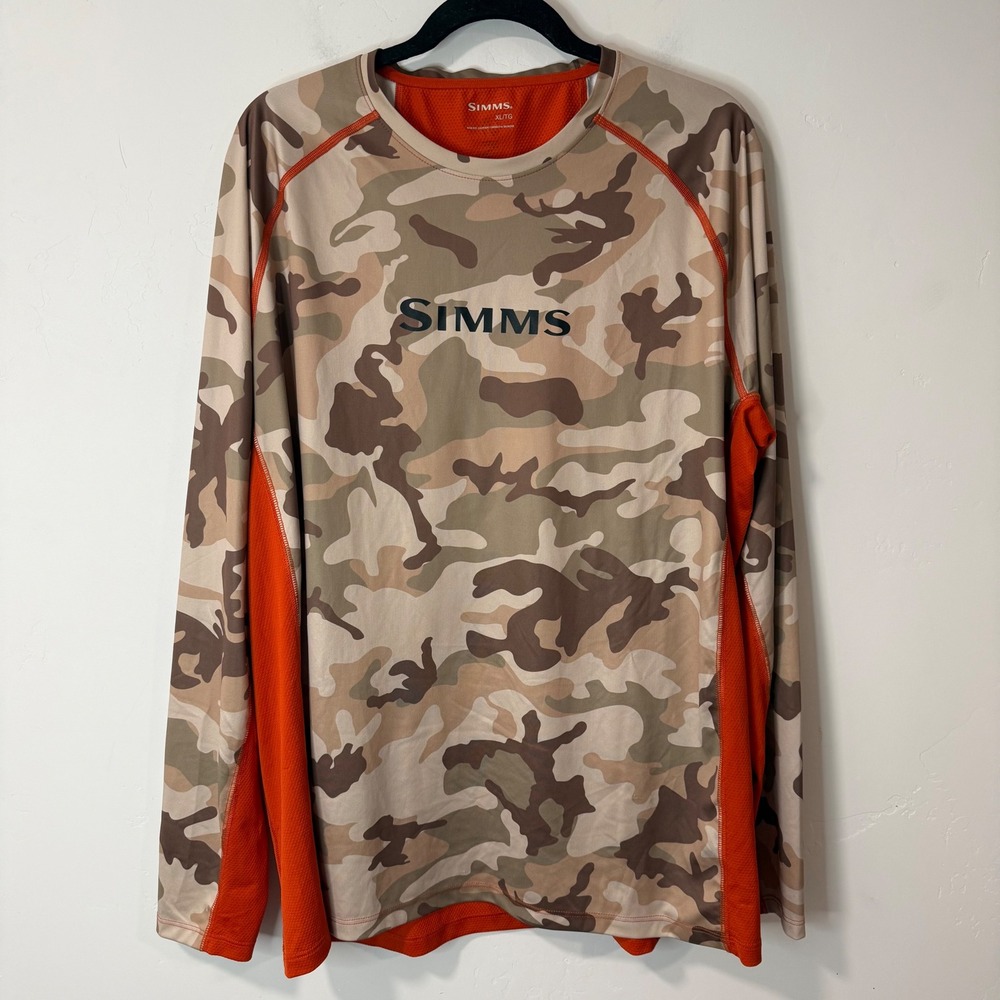 Simms Mens Fishing Shirt XL Camo Orange Good Performance Long Sleeve Raglan